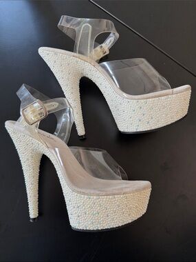 Pleaser Pearlize 708 7” Platform Heels with Clear Straps